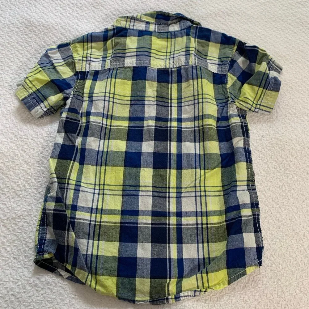 5/$25 Carter's‎ Toddler Boys 4T Plaid Button Down Shirt Navy Lime Green Dinosaur